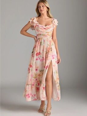 knee length dresses for ladies Mauve Floral Tulle Maxi Dress with Criss Cross Back